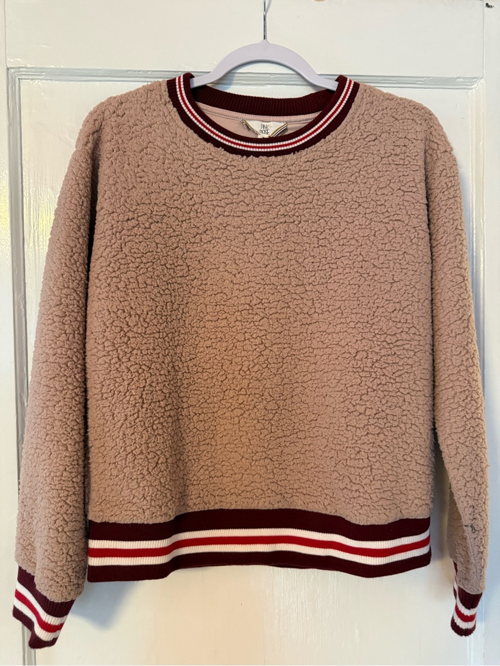 Cozy Teddy Pink Rose Sherpa Pullover Sweatshirt in Dusty Rose with Burgundy Trim